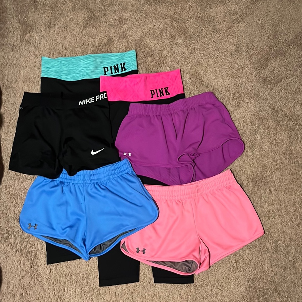 Lot: 2 Victoria Secret Leggings, 3 Under Armor Shorts, 1 Nike Compression Shorts